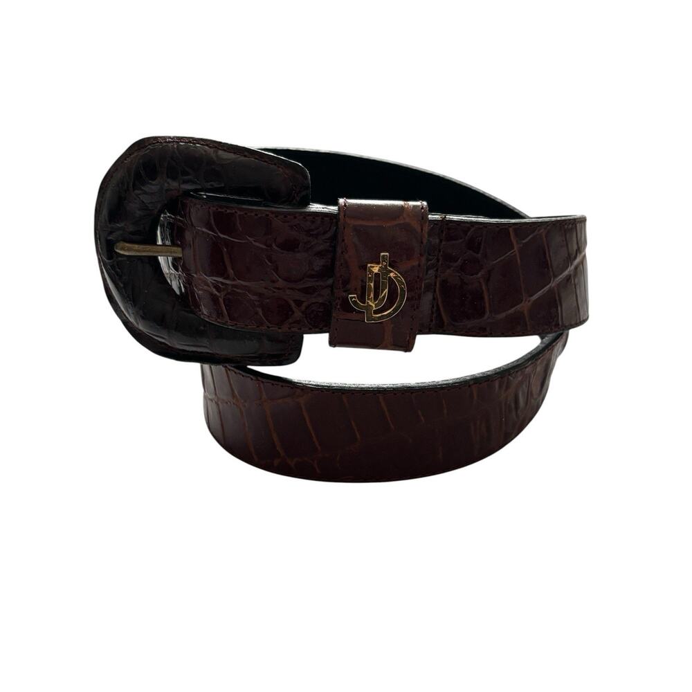 Joan & David Belt Women M Brown Croc Embossed Leather Chunky Covered Buckle